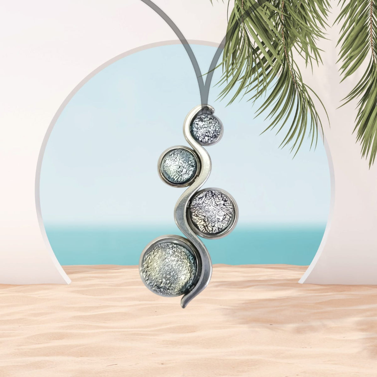 GALAXY SPARKLE NECKLACE GLASS PENDANT 4 PEARLS STEEL